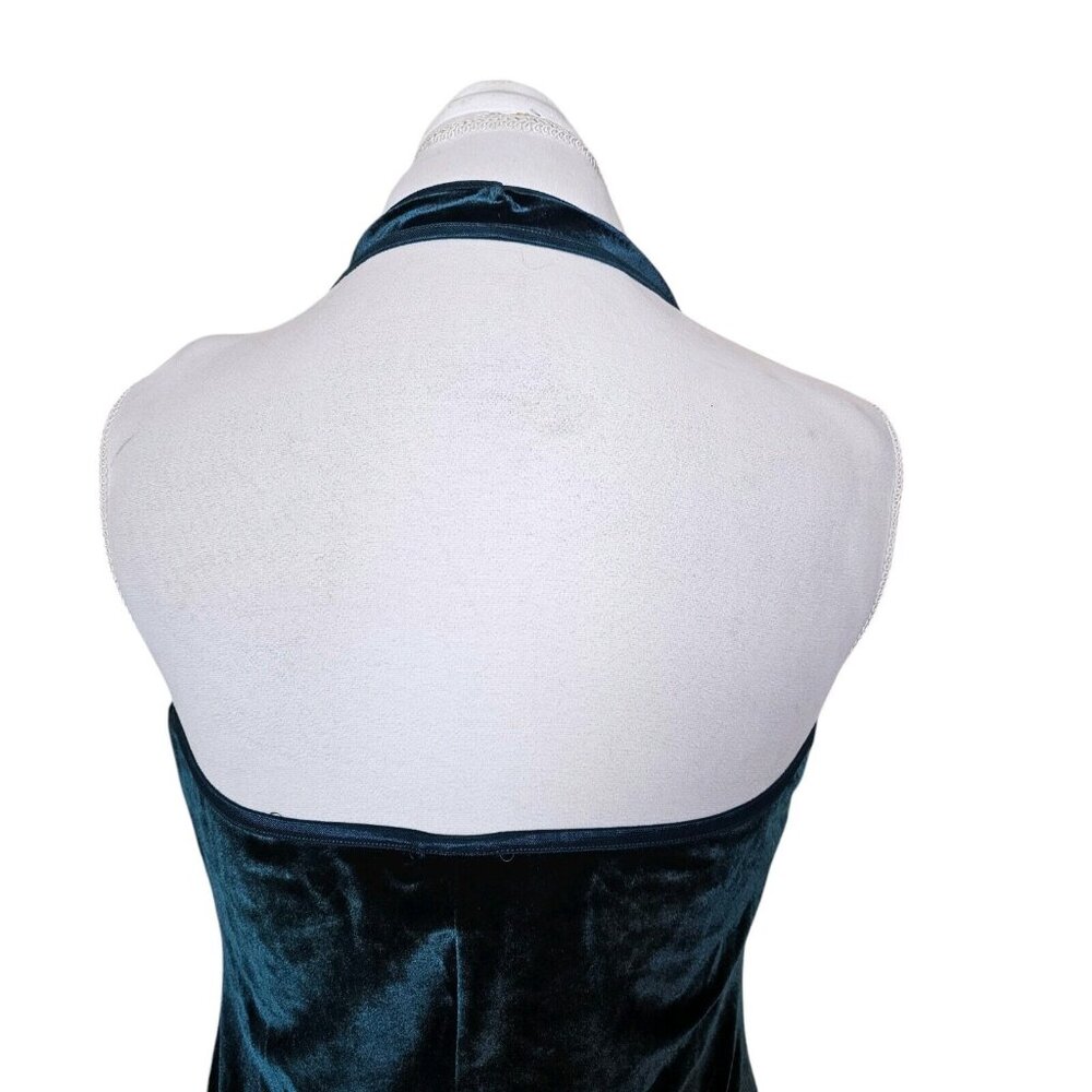 90s Womens Medium‎ Velvet Halter Mini Dress Dark Green Stretchy Party Formal - Picture 7 of 10